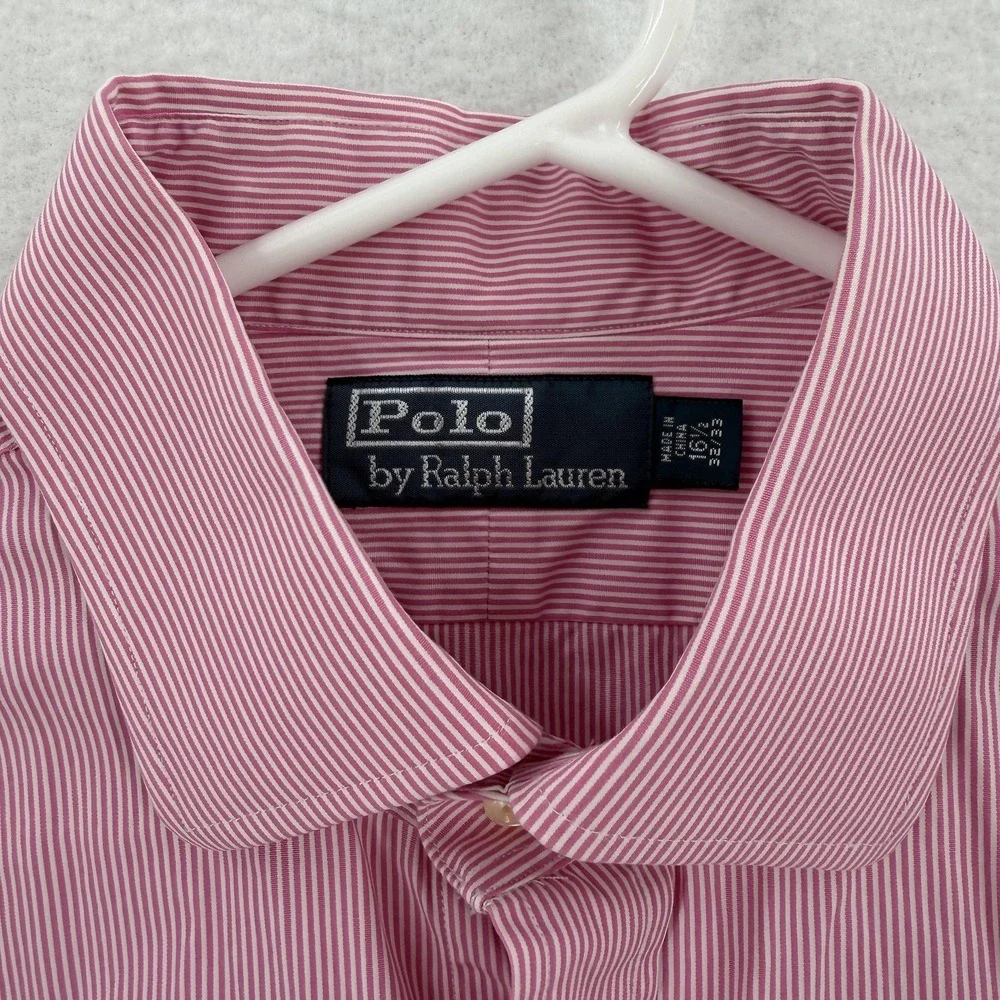 Polo Ralph Lauren Shirt Mens 16.5 32/33 Pink White‎ Stripe Long Sleeve Button Up